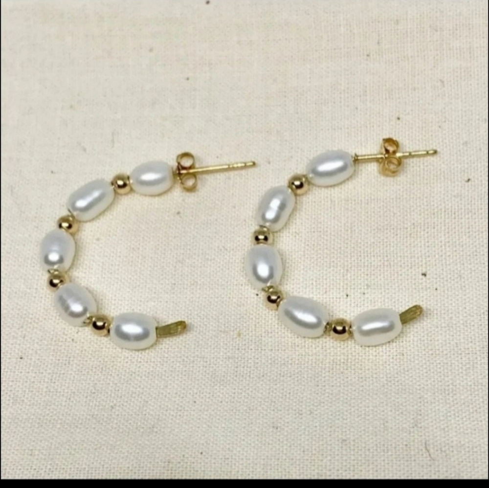 14K GOLD PEARL Hoop Earrings